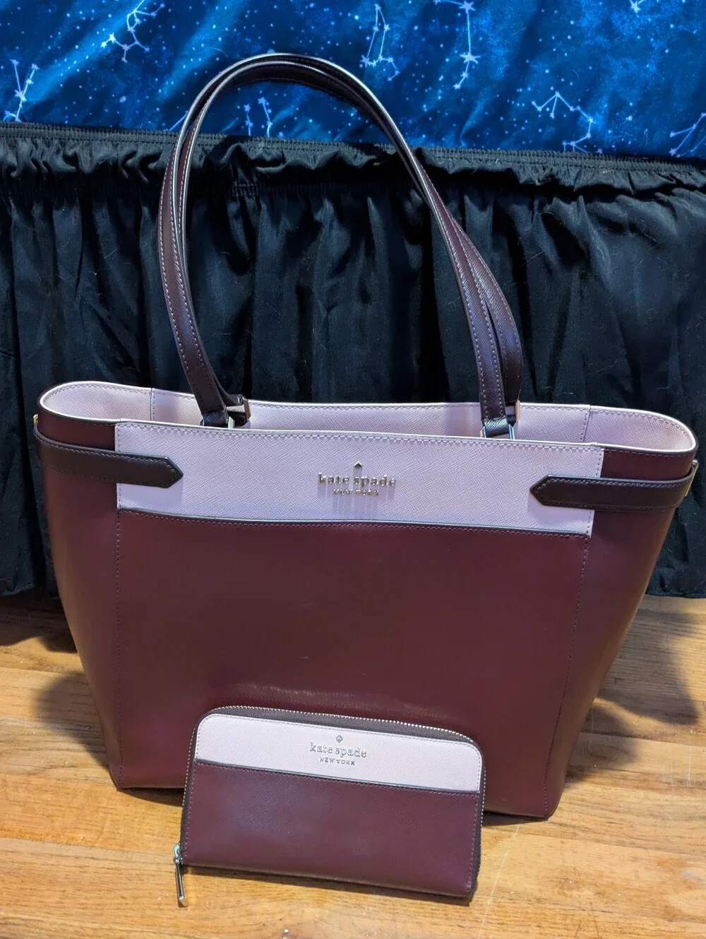 Kate Spade New York Burgundy & Light Pink Tote + Matching Wallet Set